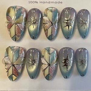 Geometric Glitter Handmade Reusable Press On Nail